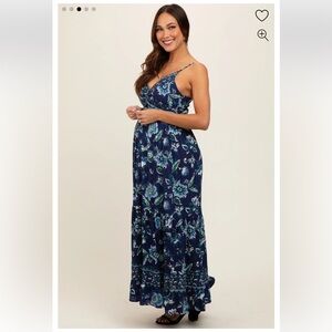 Angie Navy Blue Floral Maxi Dress Rayon Boho Adjustable Straps Size L